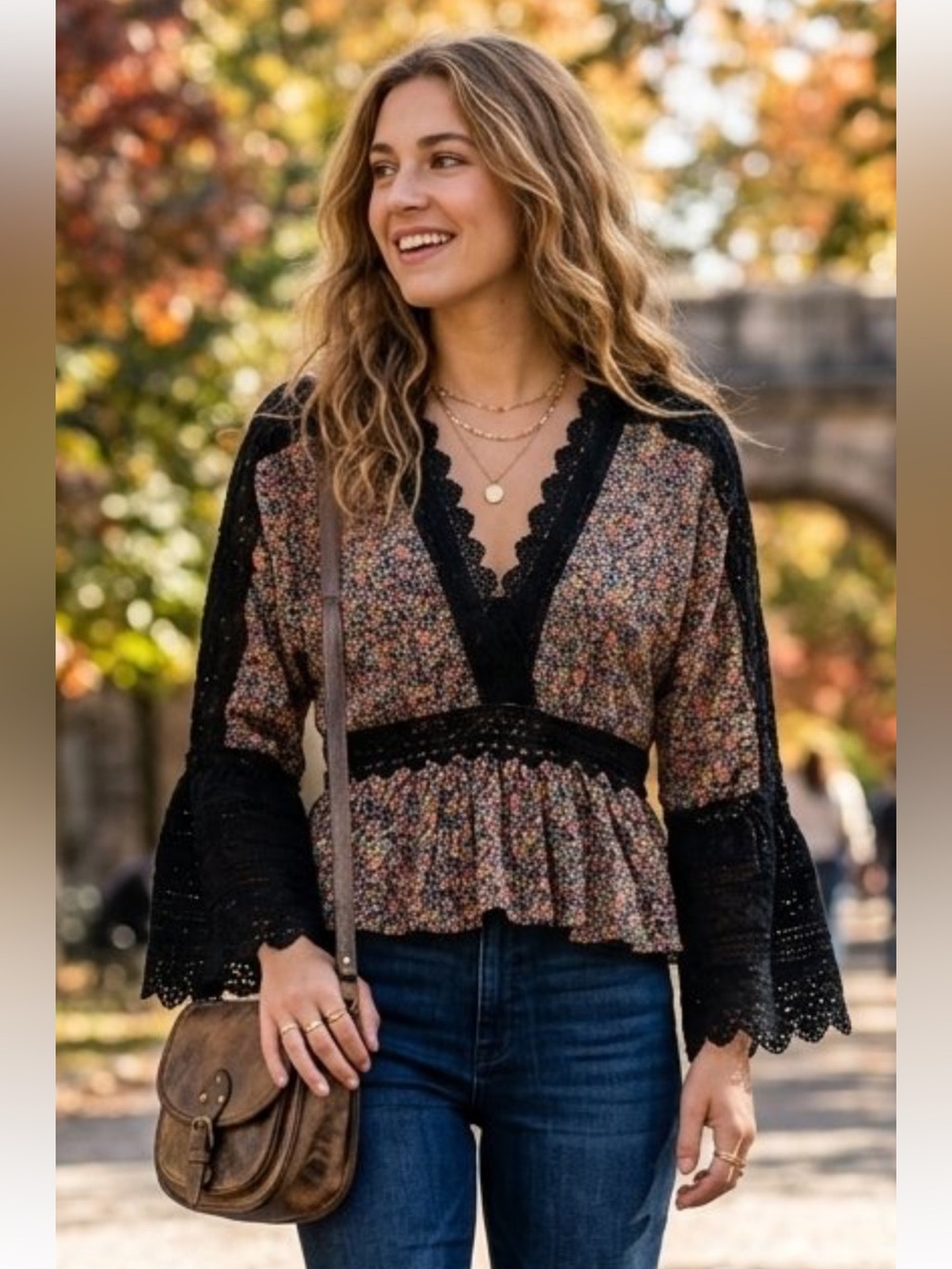 Angie Multicolor Floral Lace-Trim Peplum Blouse - Black Trim Size Medium